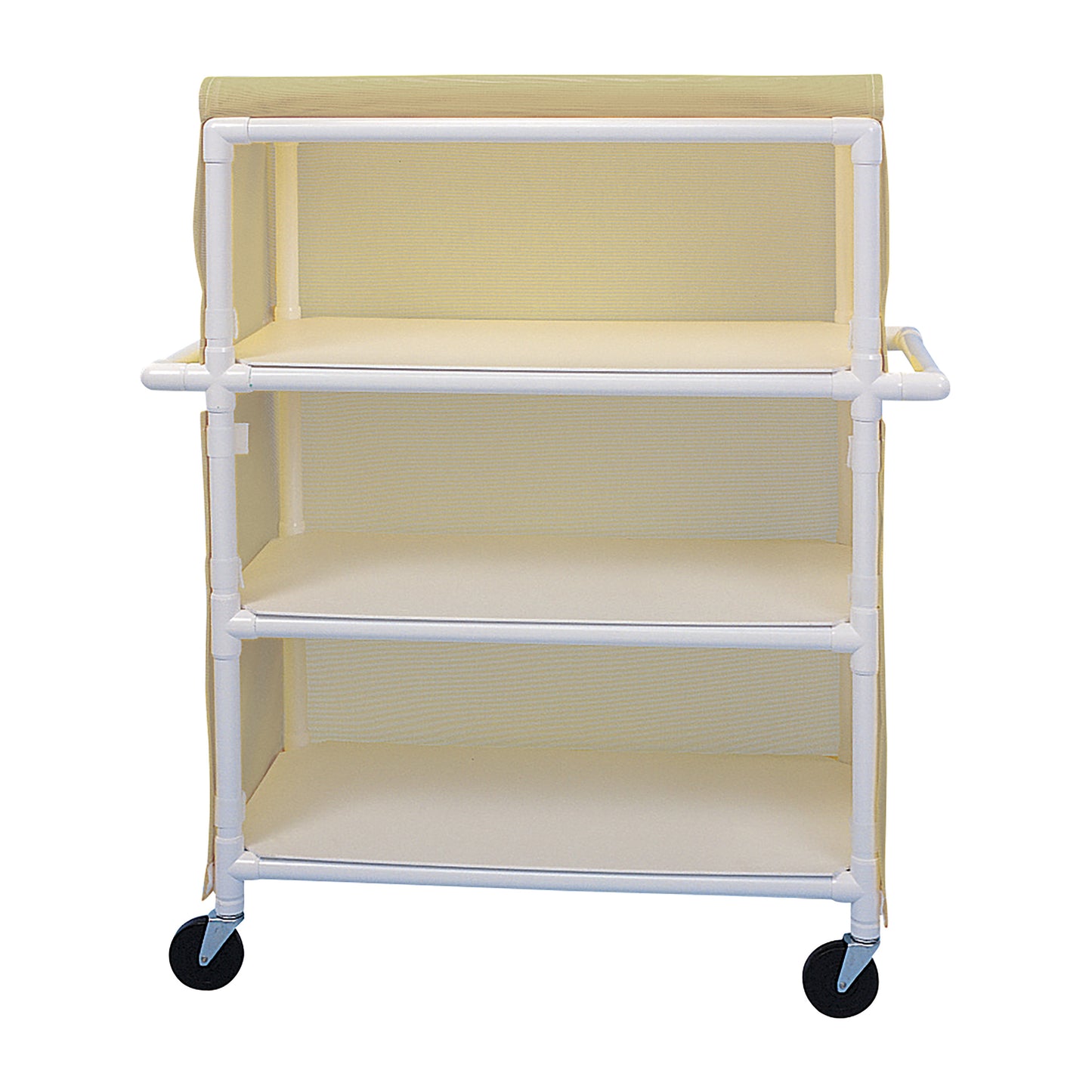 Healthline PVC Linen Cart with Cover, featuring a white PVC frame, three shelves, yellow cover, and black caster wheels.