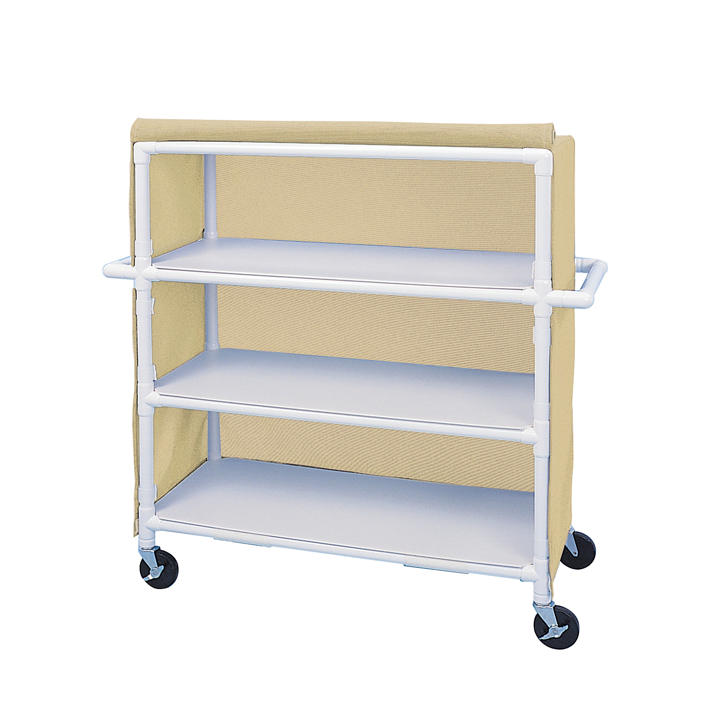 Healthline PVC Linen Cart with Cover features three shelves, a beige cover, and four wheels for mobility.