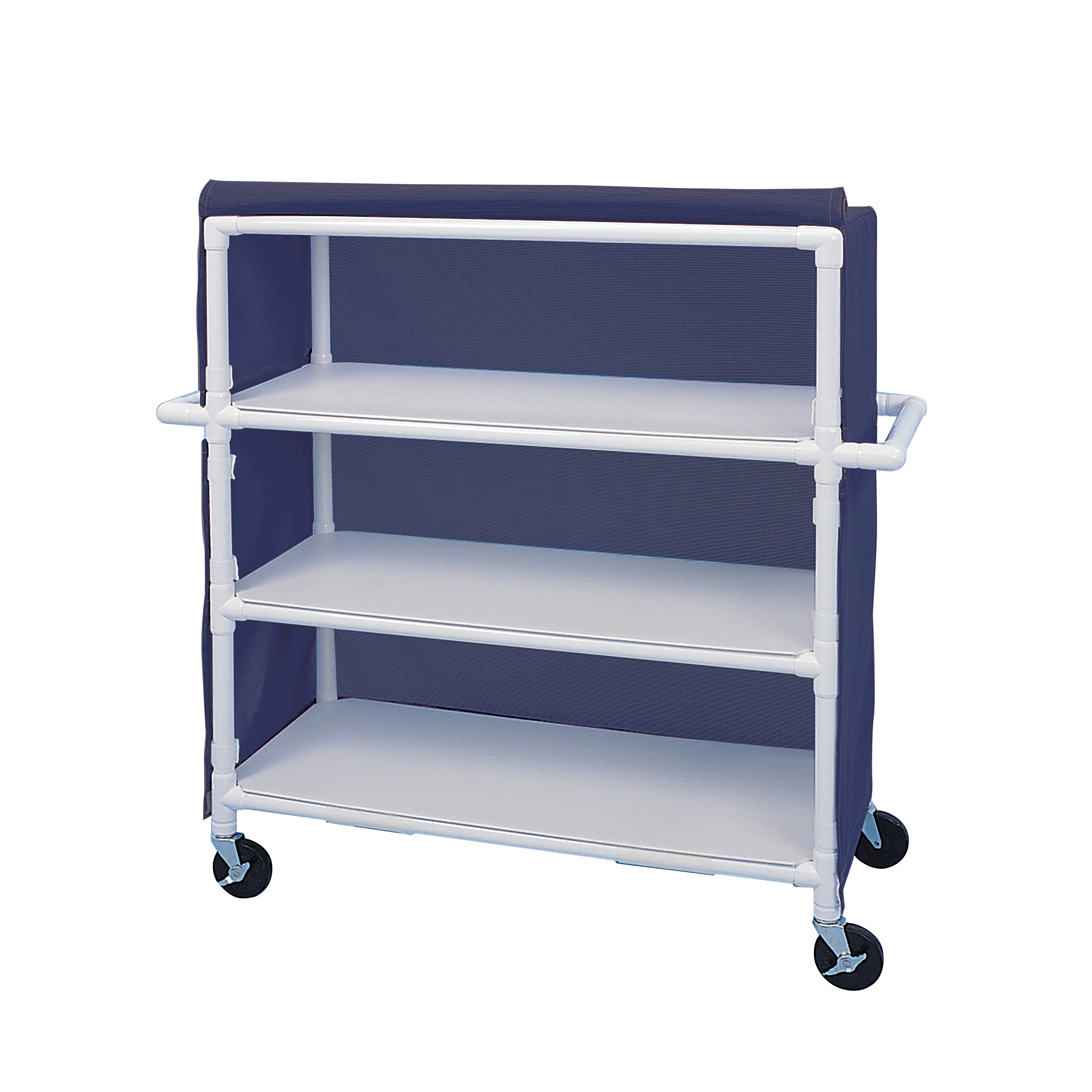 Healthline PVC Linen Cart with Cover, featuring three white shelves and a dark fabric cover, mounted on four wheels.