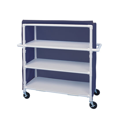 Healthline PVC Linen Cart with Cover, featuring three white shelves and a dark fabric cover, mounted on four wheels.