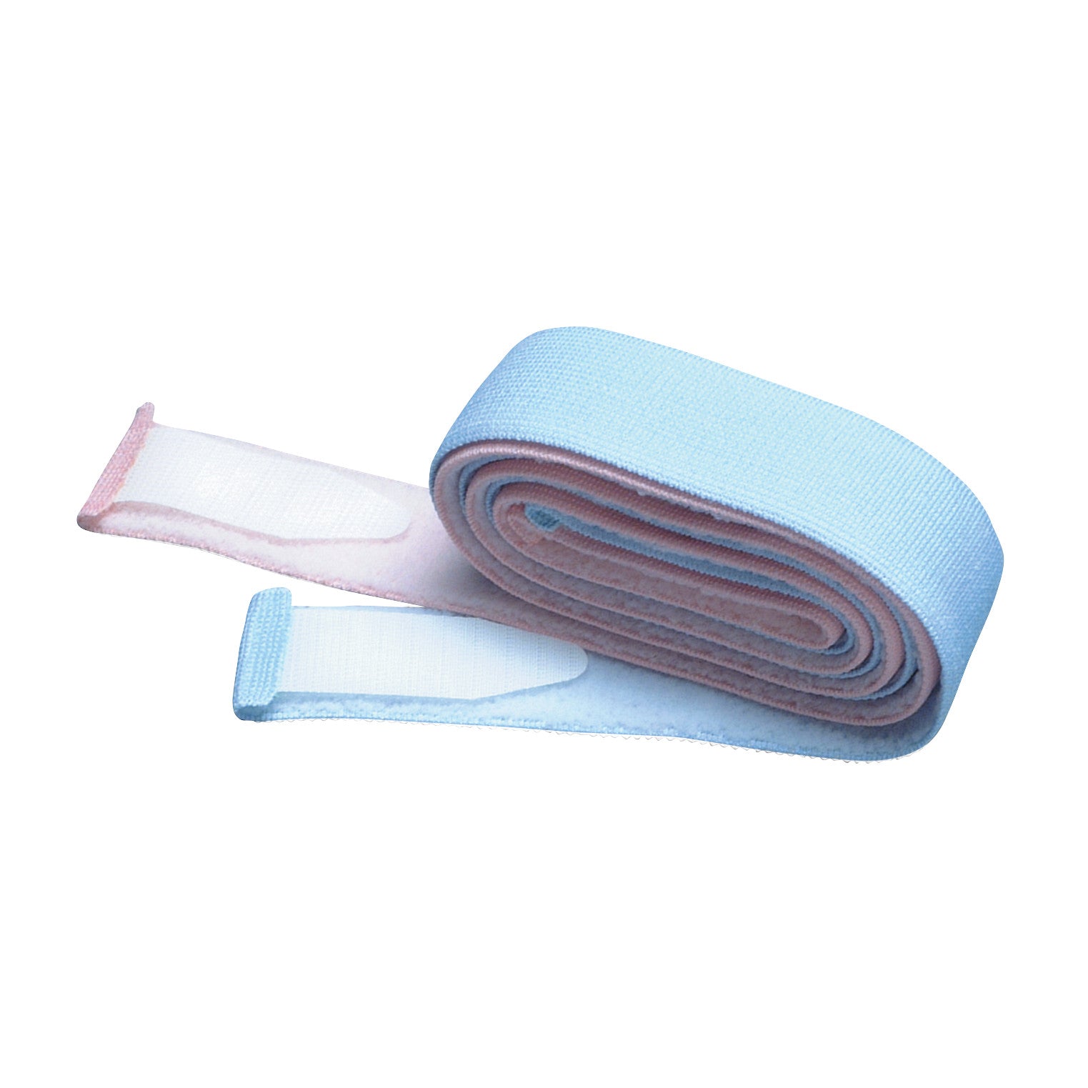 A rolled Fetal Monitoring Belt with Hook and Loop, featuring blue and pink sections and adjustable fastenings.