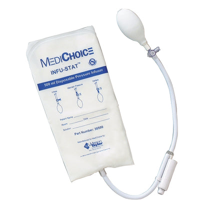 MediChoice INFU-STAT 500 ml Pressure Infuser Bag with attached inflation bulb and tubing, used for controlled fluid infusion.