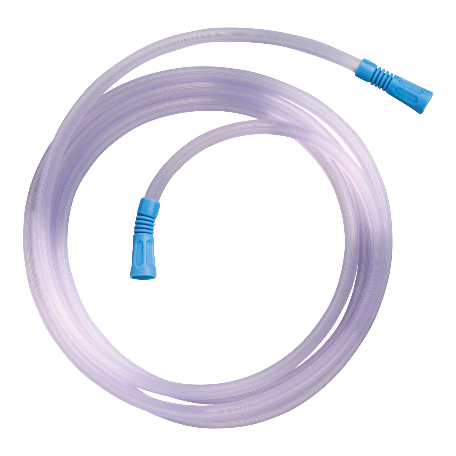 Transparent suction tubing coiled on a white background, featuring blue connectors at each end.