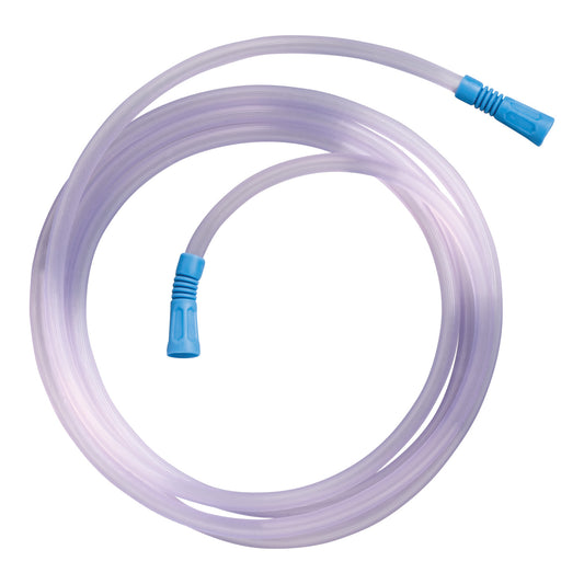 Transparent suction tubing coiled on a white background, featuring blue connectors at each end.