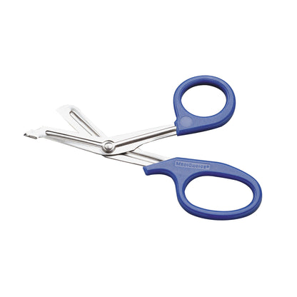 Utility Scissors with blue plastic handles and metal blades, designed for medical or crafting use, shown on a white background.