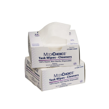 Two boxes of MediChoice Task Wipes/Cleaners are shown, with an open box revealing white disposable wipes.