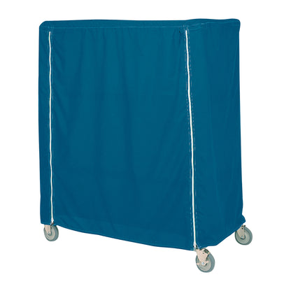 Blue fabric cover on wheels known as Metro Waterproof Cart Cover, designed to protect contents.