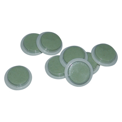 Seven green circular Multi-Modality MRI/CT Markers with white borders are scattered on a white background.