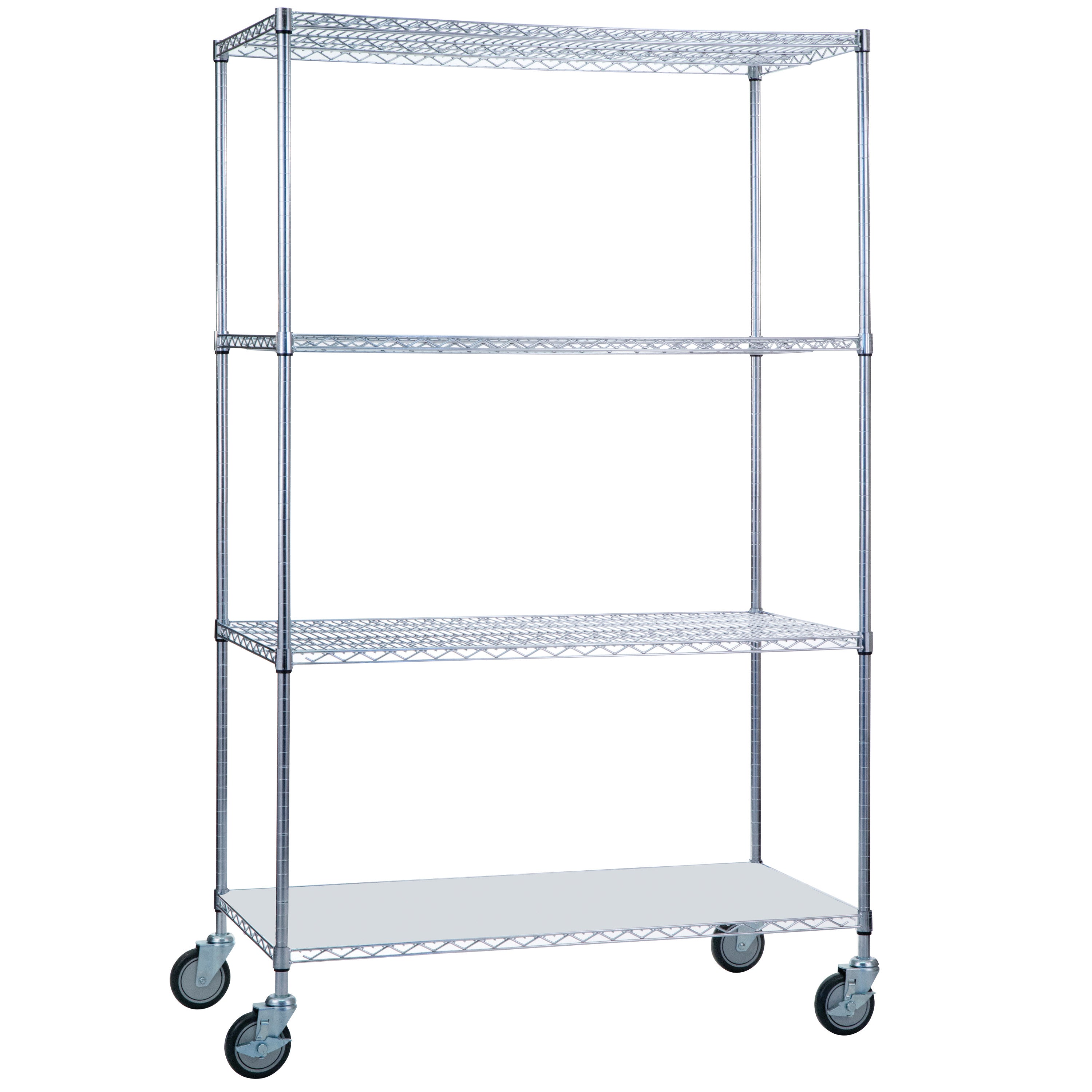AliMed 4-Shelf Chrome Wire Linen Cart with four wheels and adjustable wire shelves for easy storage and mobility.