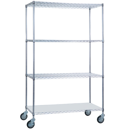 AliMed 4-Shelf Chrome Wire Linen Cart with four wheels and adjustable wire shelves for easy storage and mobility.