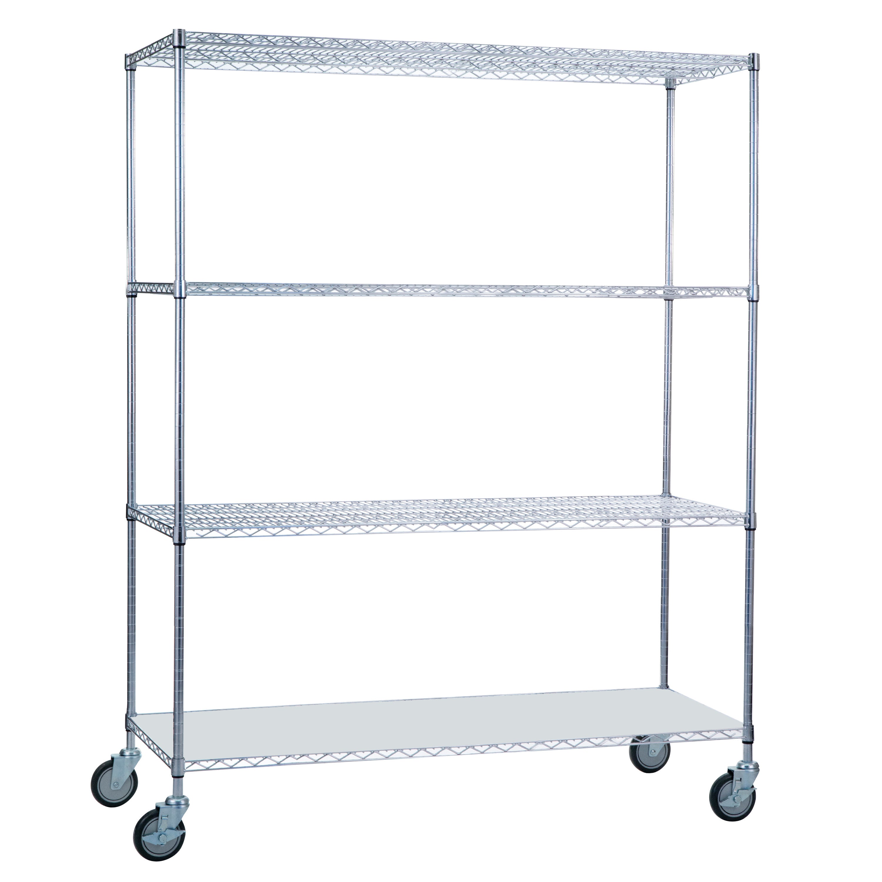 AliMed 4-Shelf Chrome Wire Linen Cart with four tiers and caster wheels for mobility. It has a sturdy metal frame and open design.