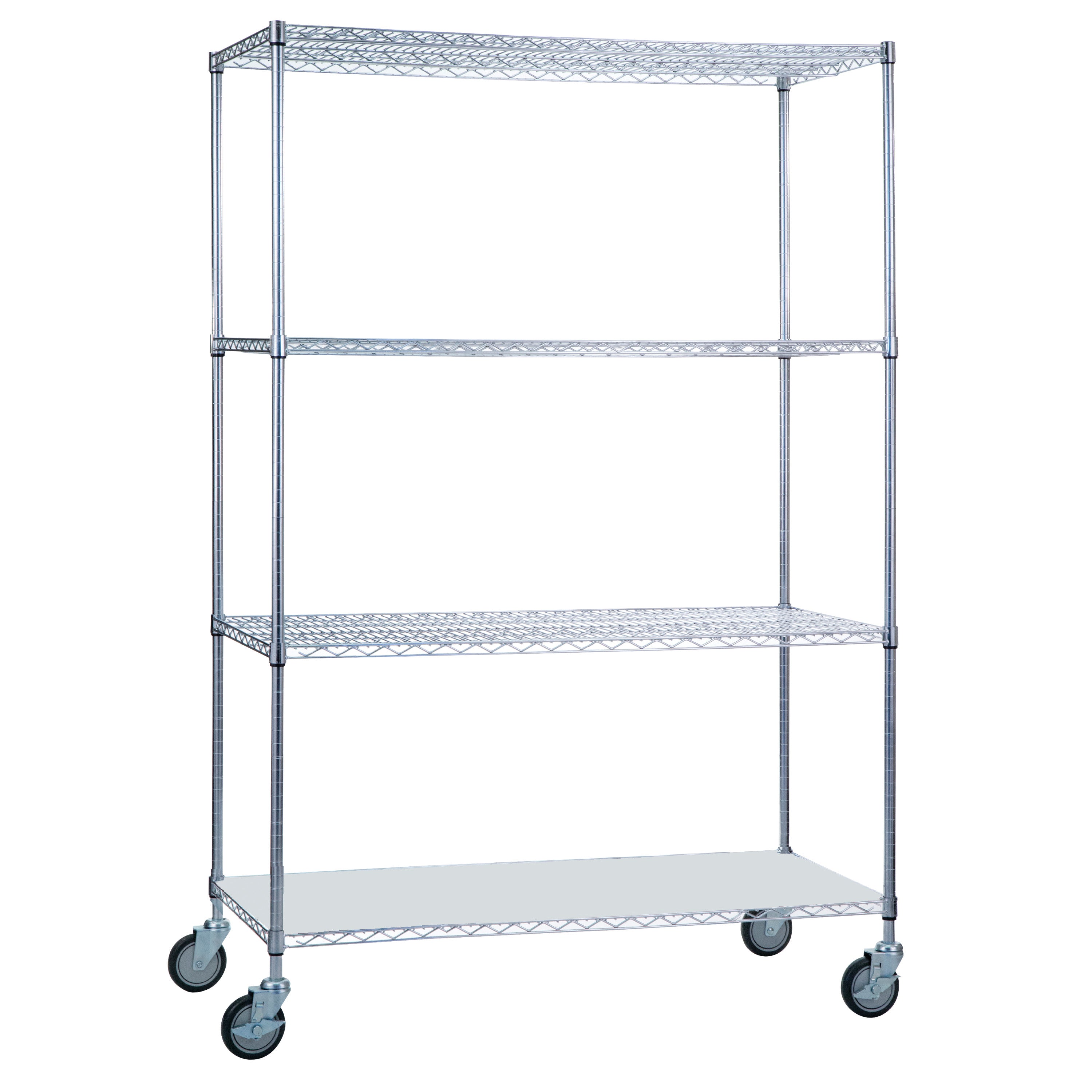 AliMed 4-Shelf Chrome Wire Linen Cart with four mesh shelves and wheels for mobility, shown on a white background.