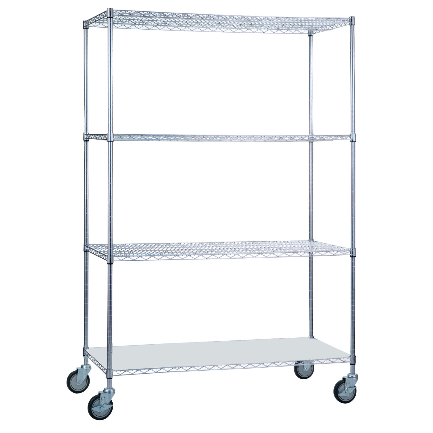 AliMed 4-Shelf Chrome Wire Linen Cart with four mesh shelves and wheels for mobility, shown on a white background.
