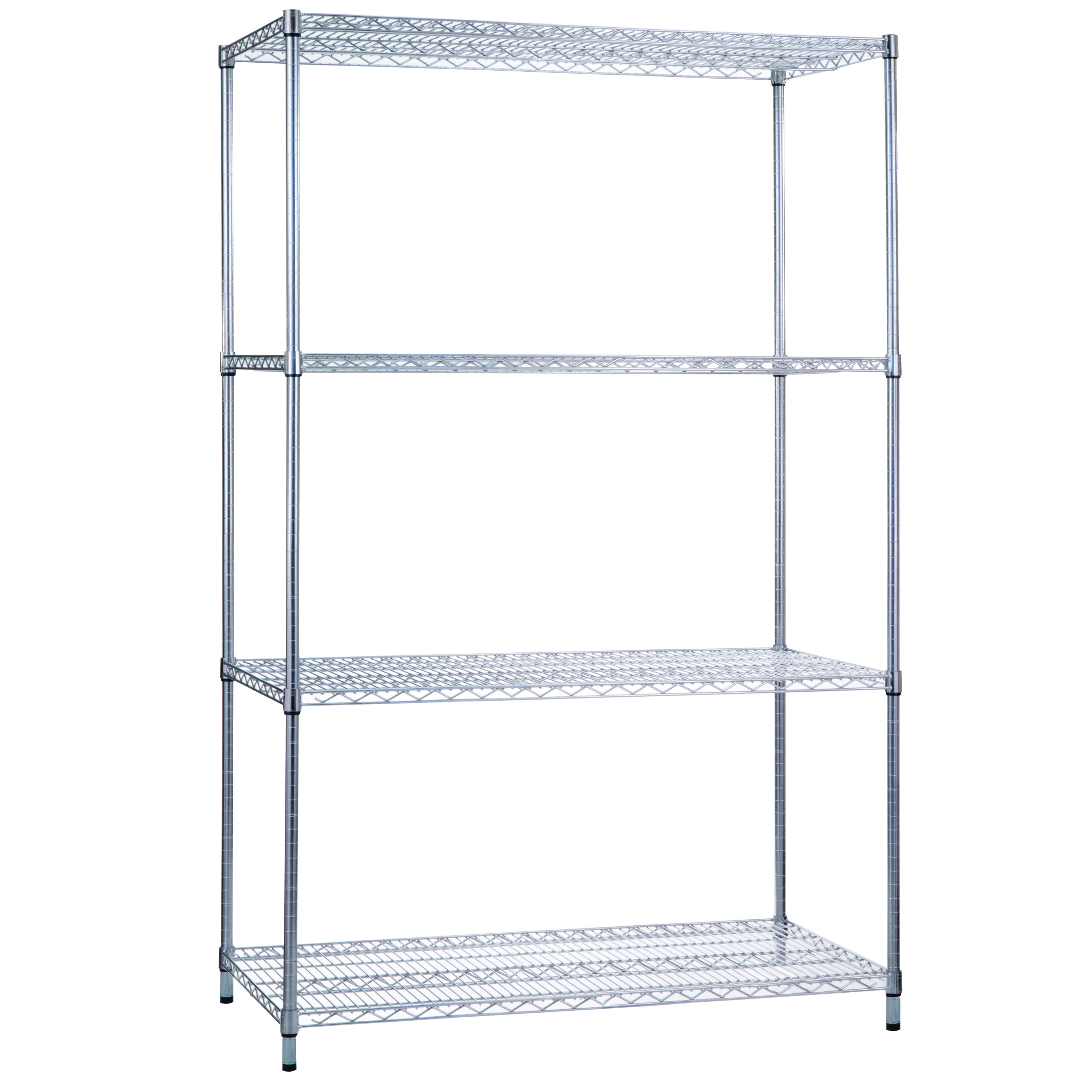 Metallic Wire Shelving unit with four tiers and a sturdy frame, suitable for storage and organization.