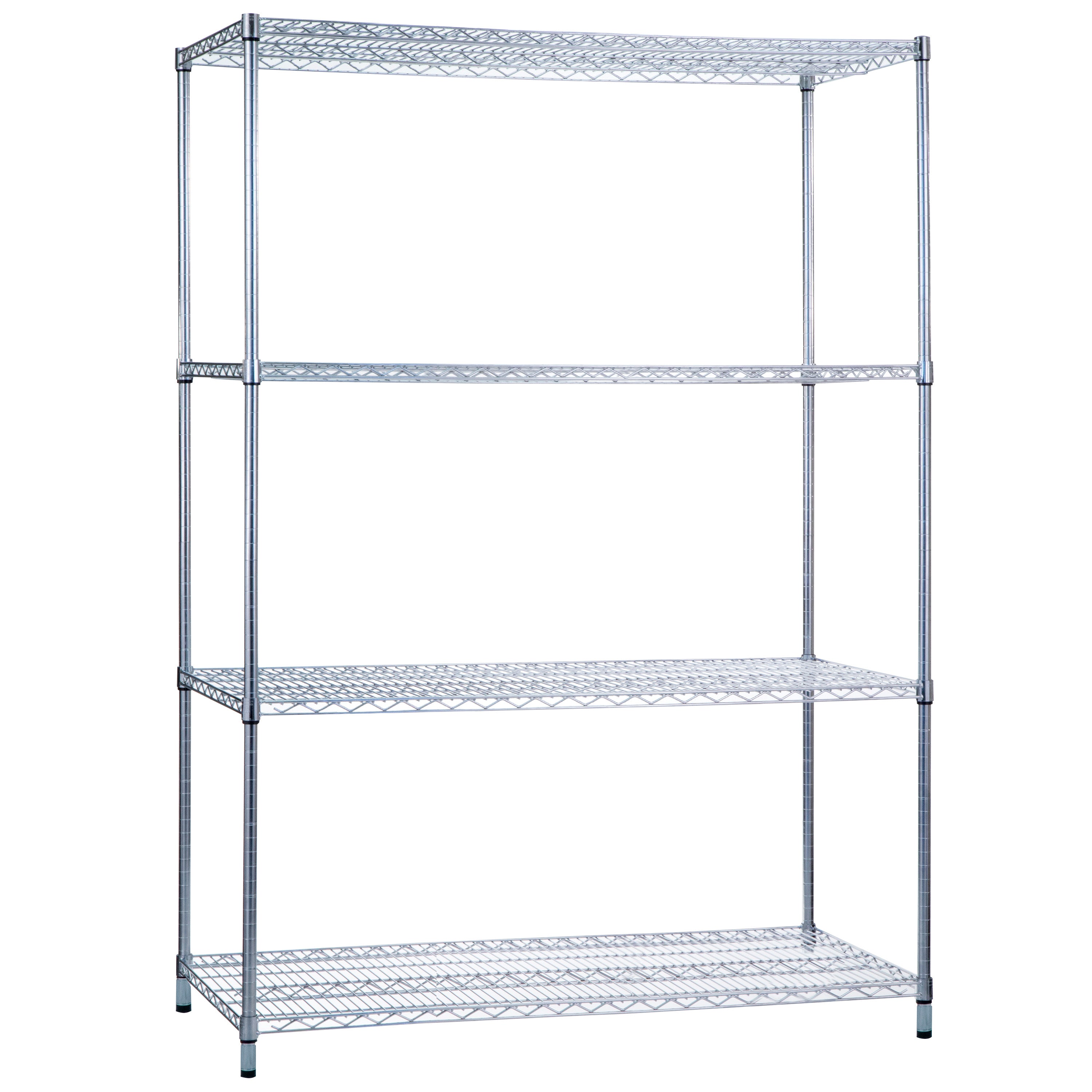 Wire Shelving unit with four metal shelves, featuring a chrome finish and open design, ideal for storage and organization.
