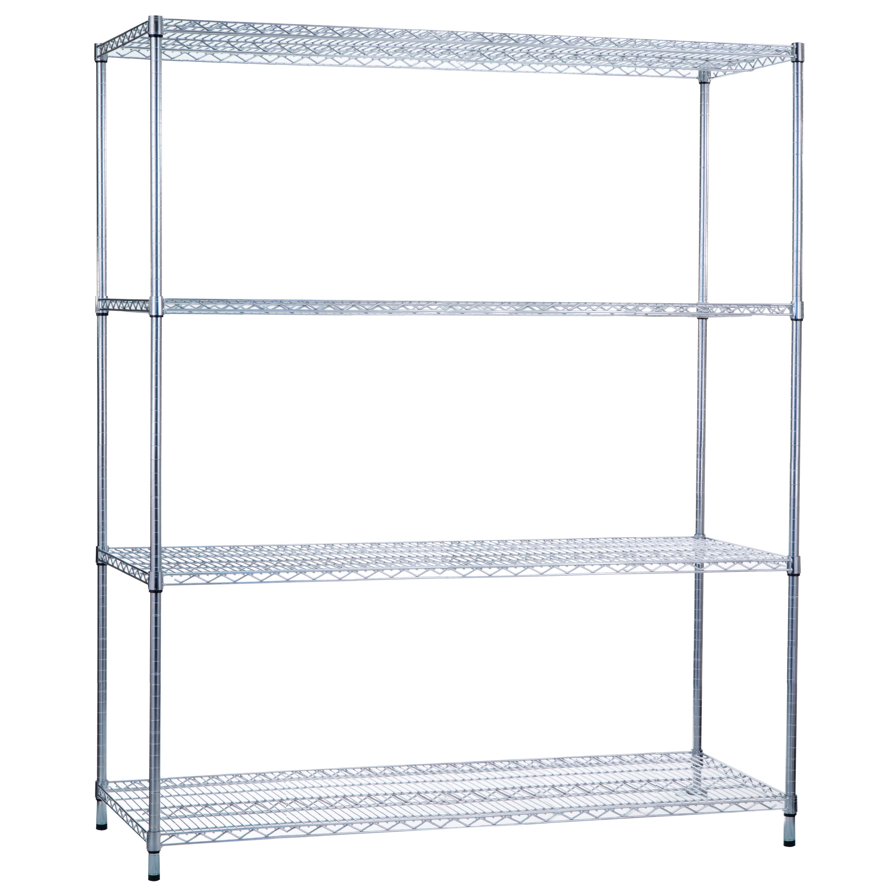 A metal wire shelving unit with four tiers, featuring a sleek design. The product is named "Wire Shelving."