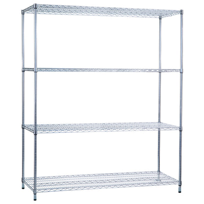A metal wire shelving unit with four tiers, featuring a sleek design. The product is named "Wire Shelving."