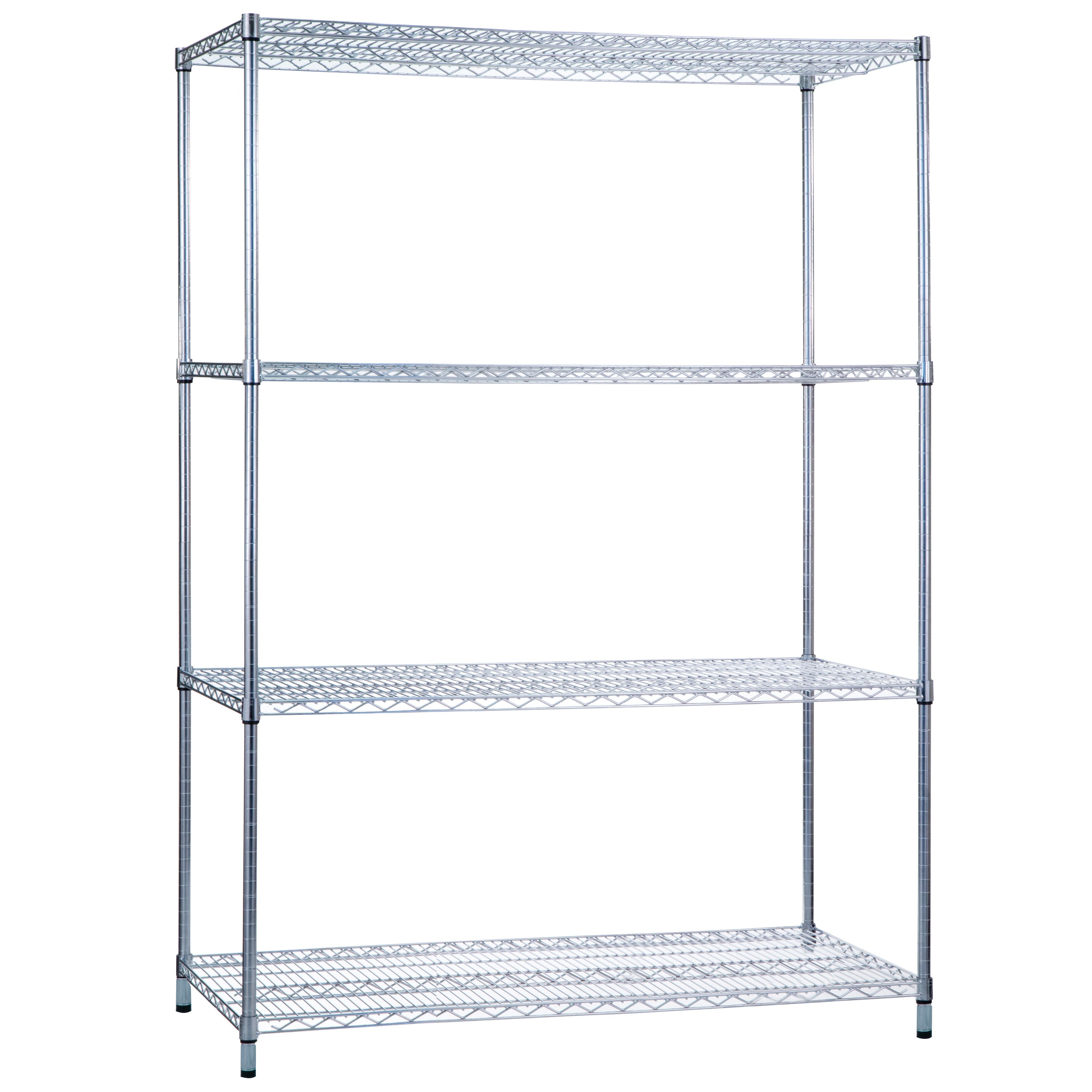 Metal wire shelving with four adjustable shelves on a sturdy frame, branded as "Wire Shelving."