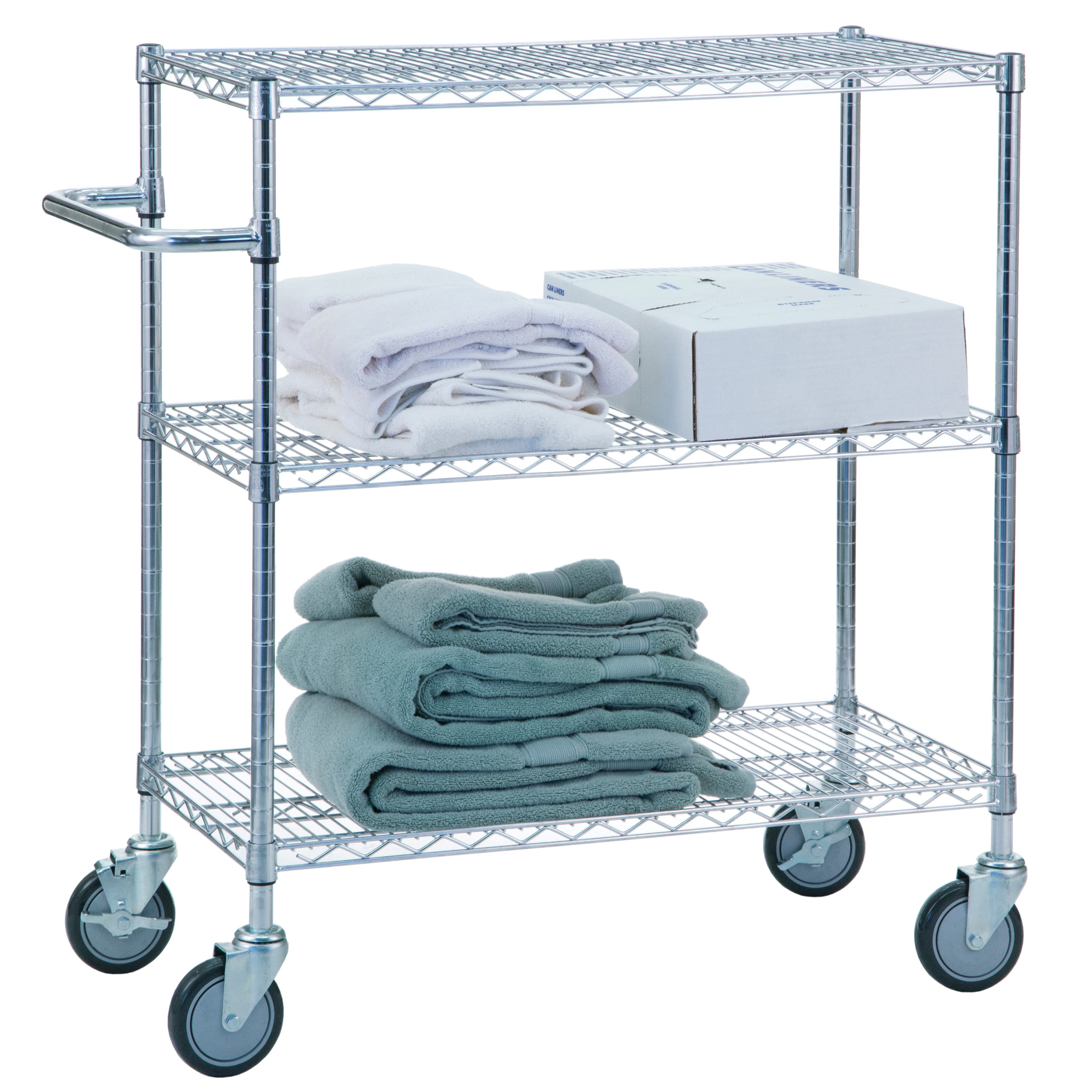 A 3-Shelf Chrome Utility Cart with two shelves containing folded towels and a box. The cart has four wheels and a push handle.