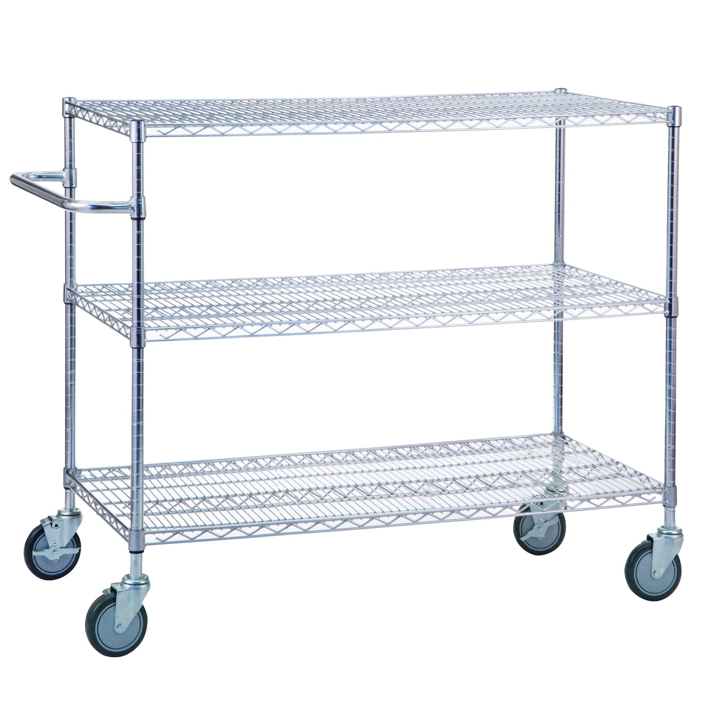 A 3-Shelf Chrome Utility Cart with wire shelves and four swivel wheels, featuring a handle on one side for easy maneuvering.
