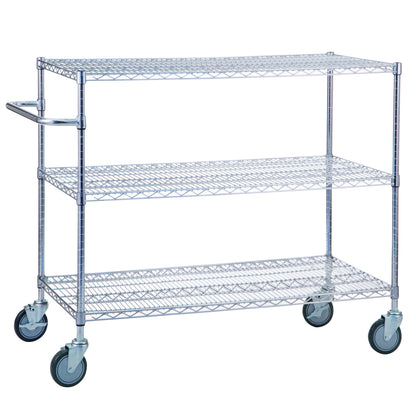 A 3-Shelf Chrome Utility Cart with wire shelves and four swivel wheels, featuring a handle on one side for easy maneuvering.