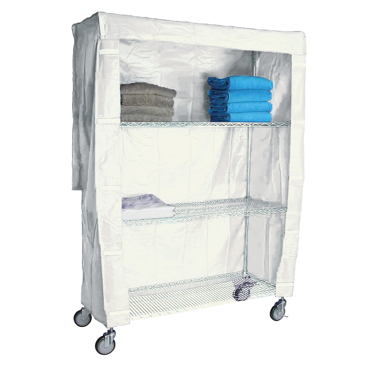 Cart Cover for AliMed 4-Shelf Chrome Wire Linen Cart. White cover on a metal shelf unit with towels, on wheels.