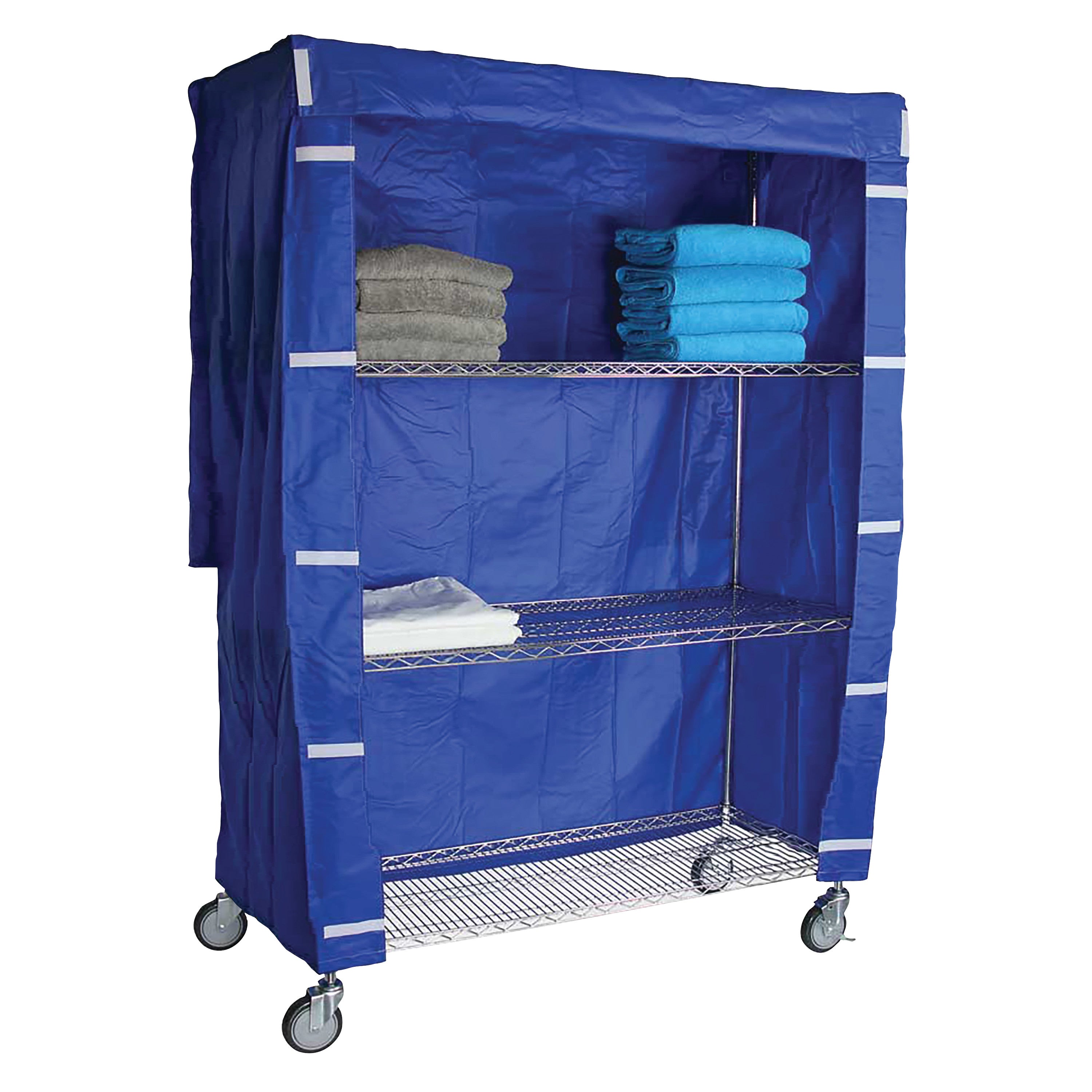 Blue Cart Cover for AliMed 4-Shelf Chrome Wire Linen Cart, showing folded towels on middle shelves and a cover partially open.