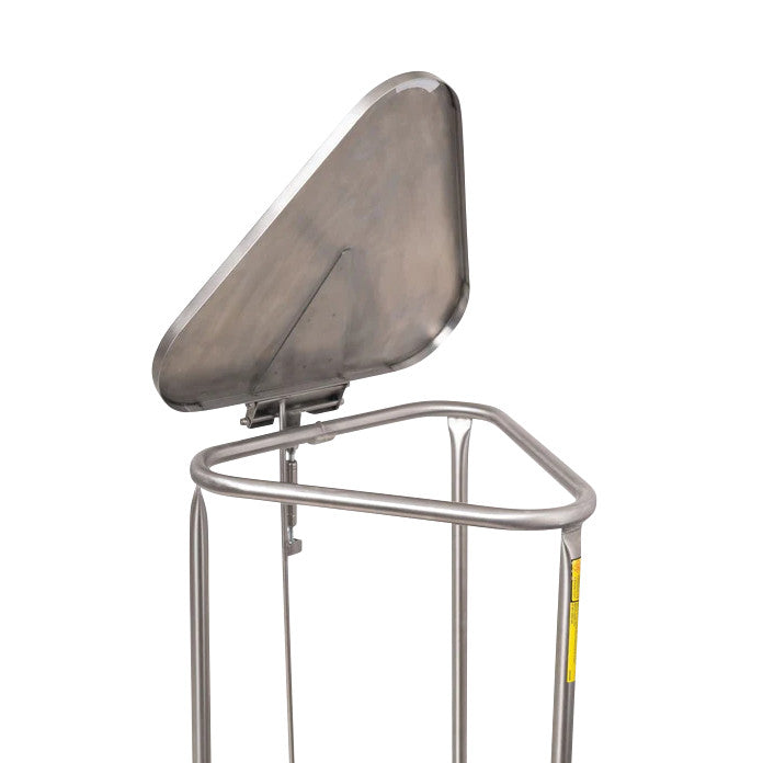 Stainless Steel Triangular Hamper with Lid, featuring a sleek design with a hinged lid and metal frame.