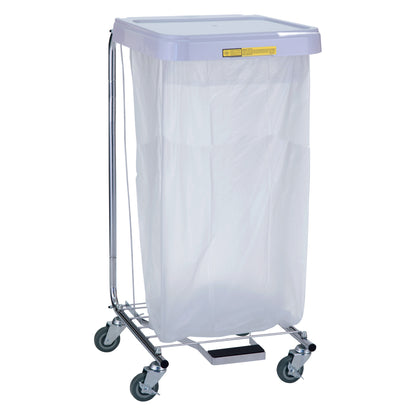 Medium-Duty Hamper with Foot Pedal, featuring a metal frame, wheels, and a white bag, with a foot pedal for hands-free operation.