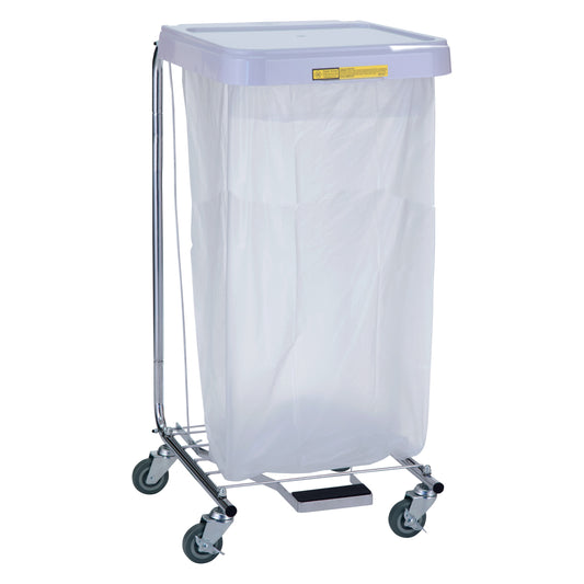 Medium-Duty Hamper with Foot Pedal, featuring a metal frame, wheels, and a white bag, with a foot pedal for hands-free operation.