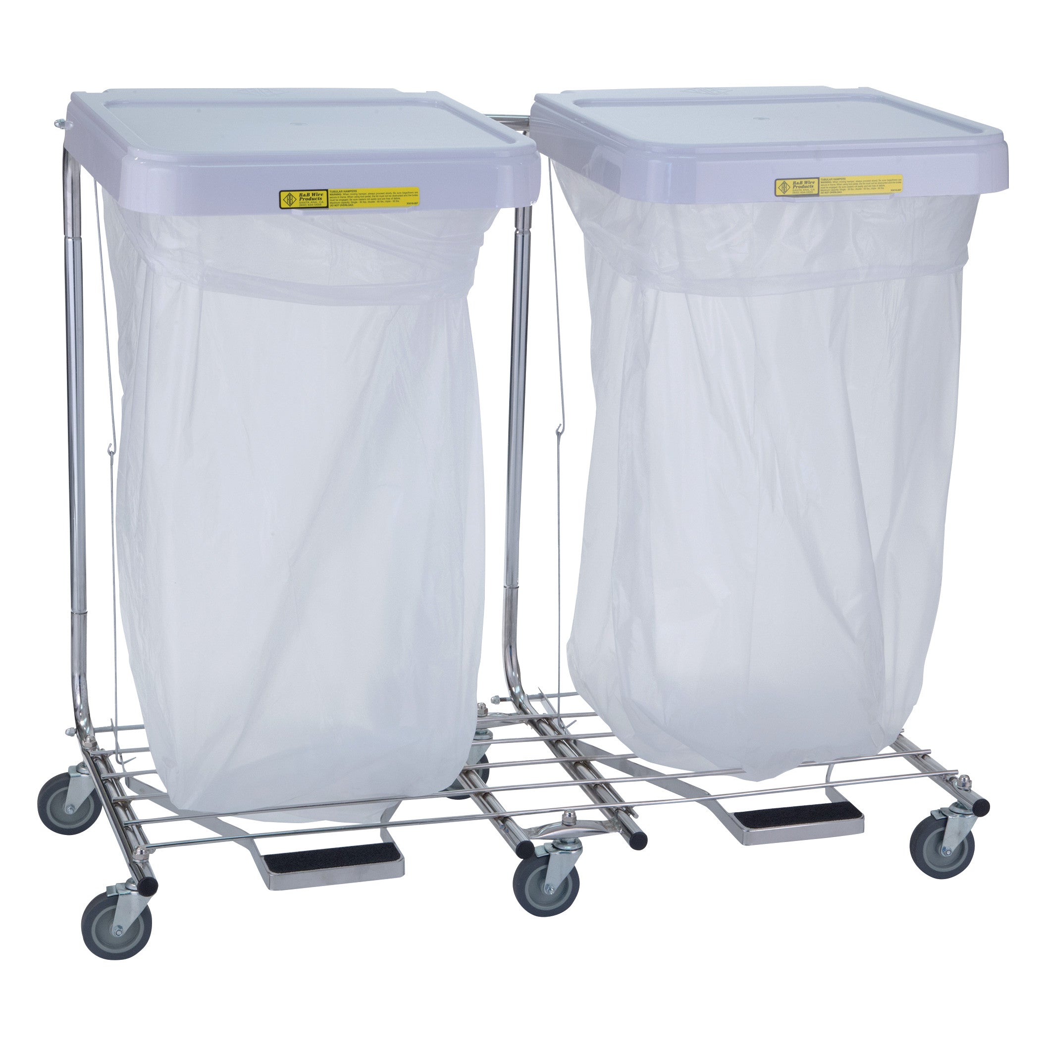 The Medium-Duty Hamper with Foot Pedal features two compartments, white lids, clear bags, and four wheels for easy mobility.