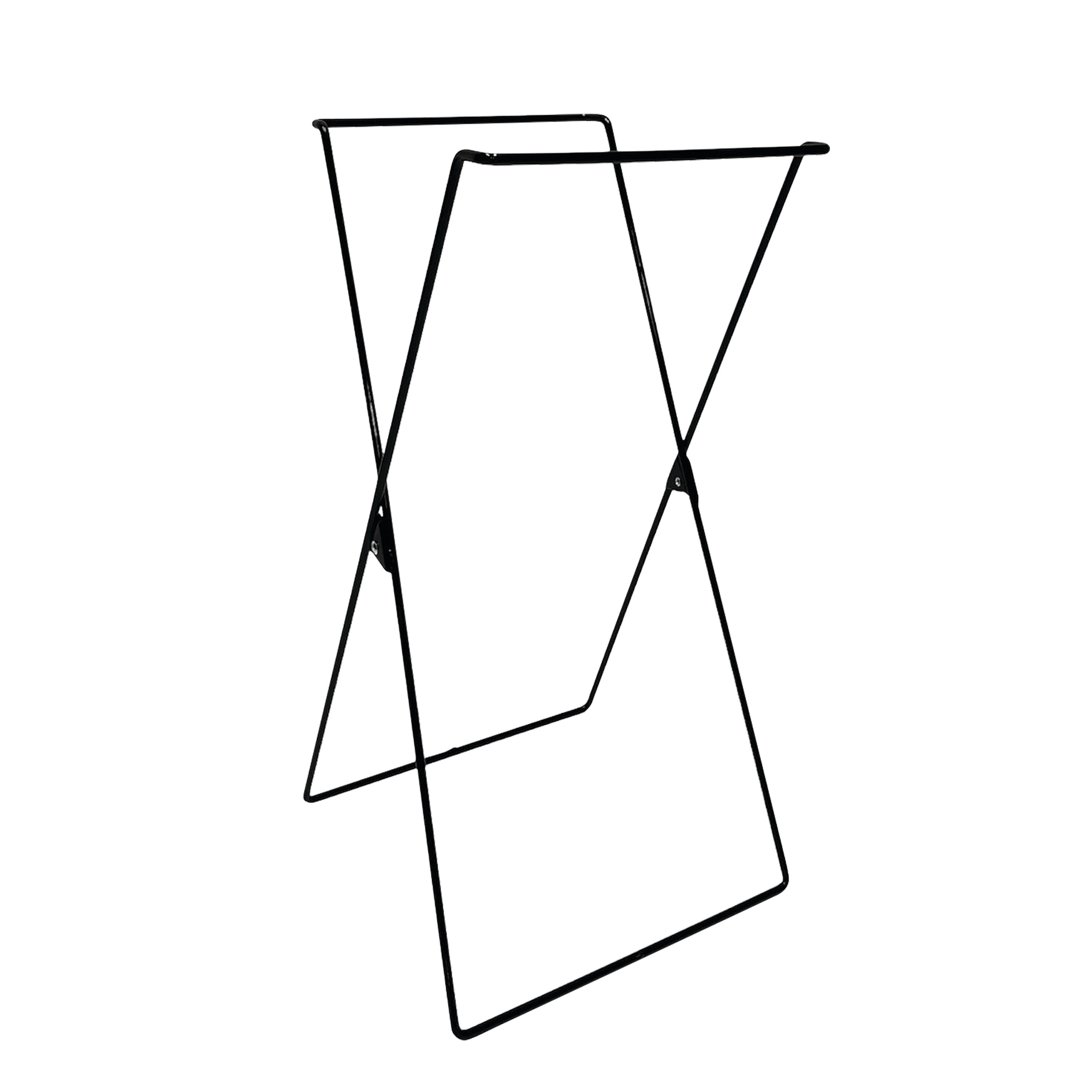 Stationary X-Frame Wire Hamper with a black metal frame, featuring an open, foldable design, viewed against a white background.