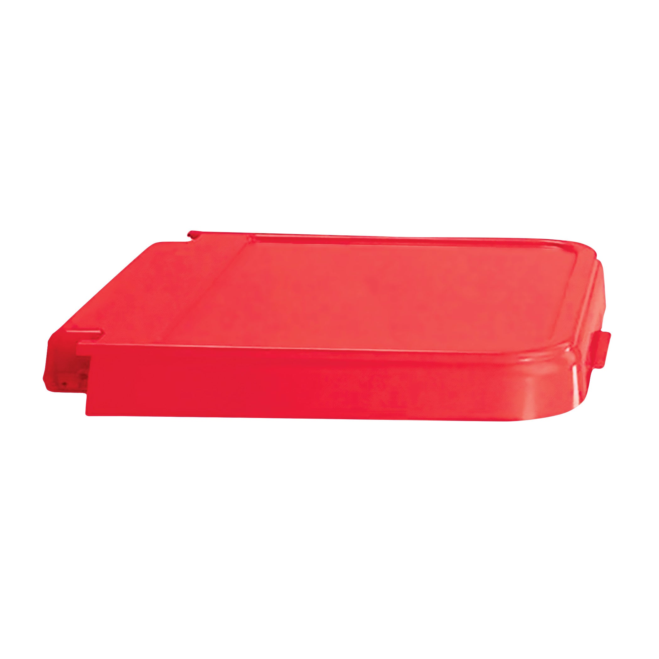 Red "Replacement Hamper Lid for Medium-Duty Hamper," shown from the side, featuring a flat rectangular design with a small handle.