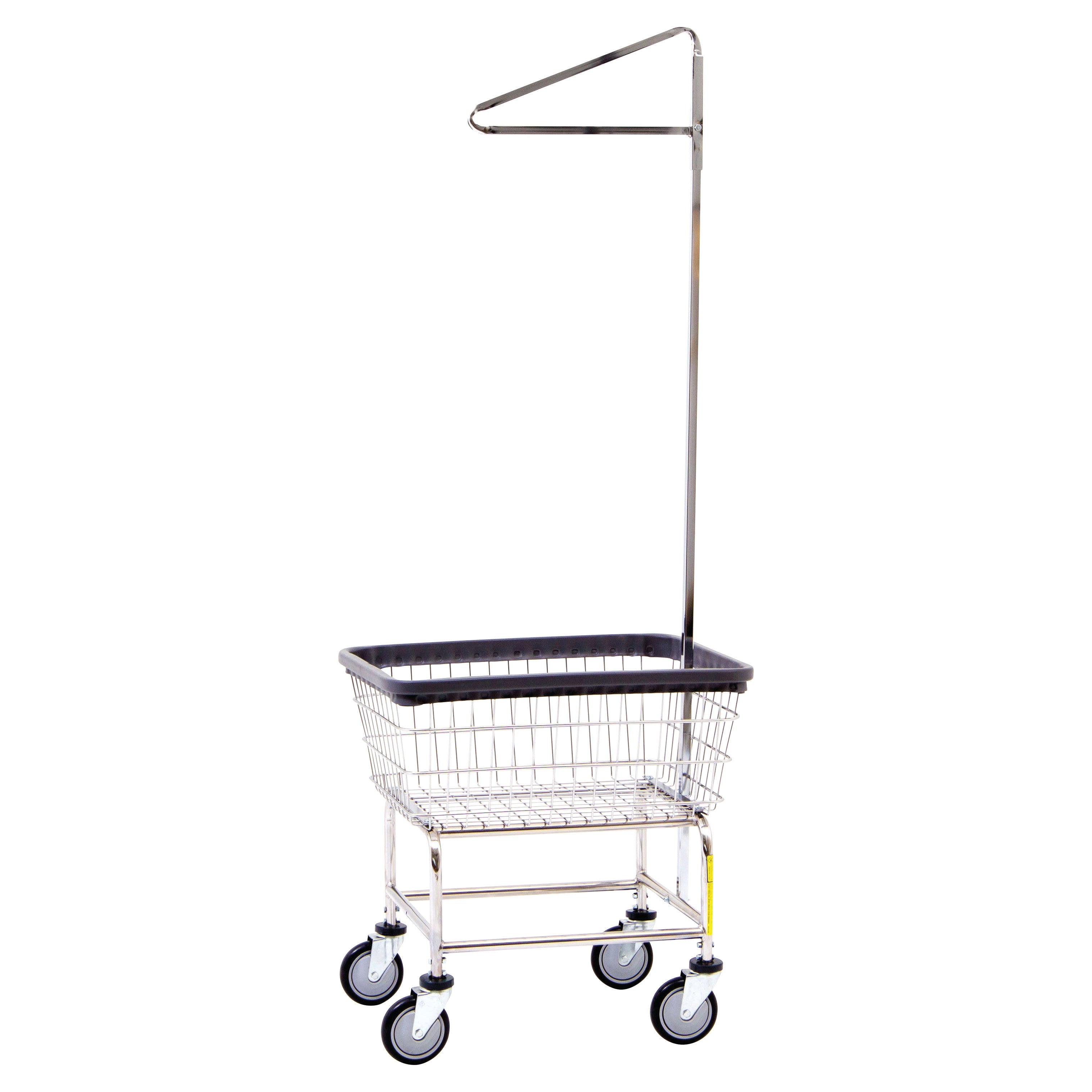 A Standard Laundry Cart with a wire basket, four wheels, and a tall pole with a hanger, designed for easy transport.
