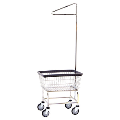 A Standard Laundry Cart with a wire basket, four wheels, and a tall pole with a hanger, designed for easy transport.