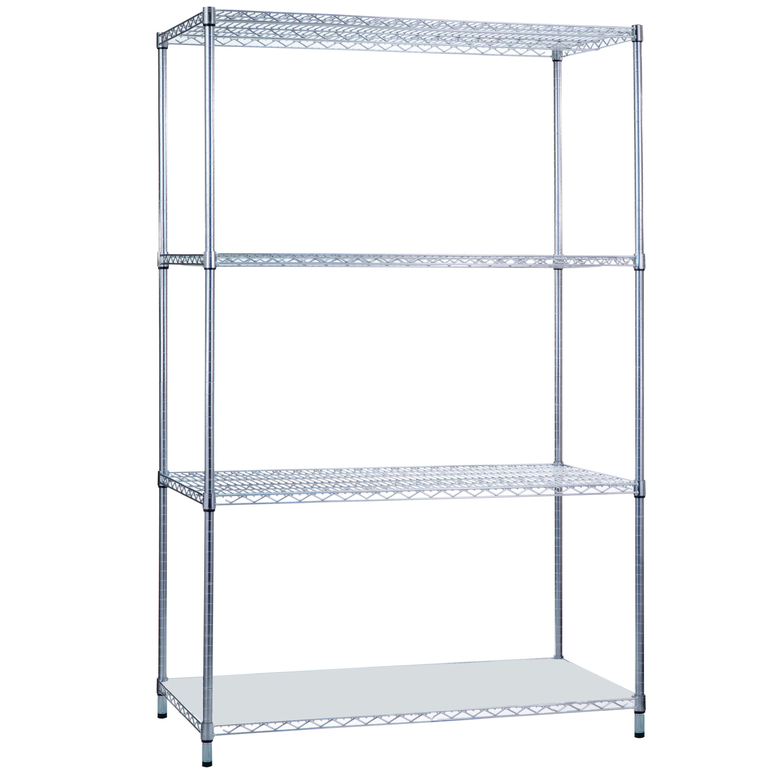 Chrome wire shelving unit with four adjustable shelves, branded as "Wire Shelving," features a sturdy, open-frame design.