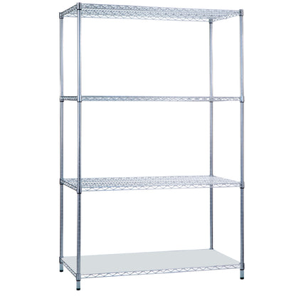Chrome wire shelving unit with four adjustable shelves, branded as "Wire Shelving," features a sturdy, open-frame design.