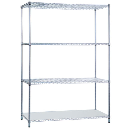 Metal wire shelving unit with three open shelves, labeled "Wire Shelving." Ideal for organizing storage spaces.