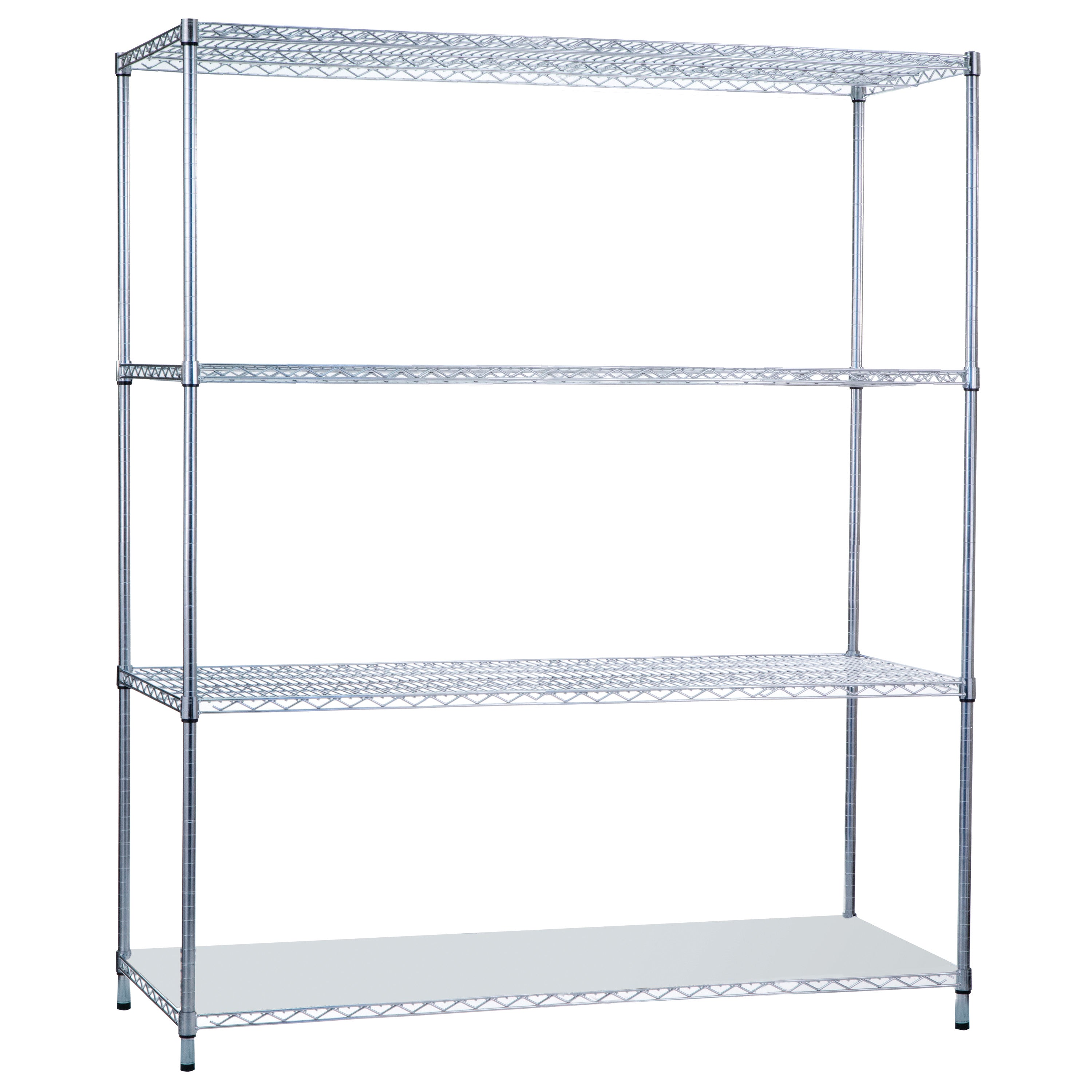 Metallic wire shelving unit with four tiers, labeled "Wire Shelving," shown on a white background.