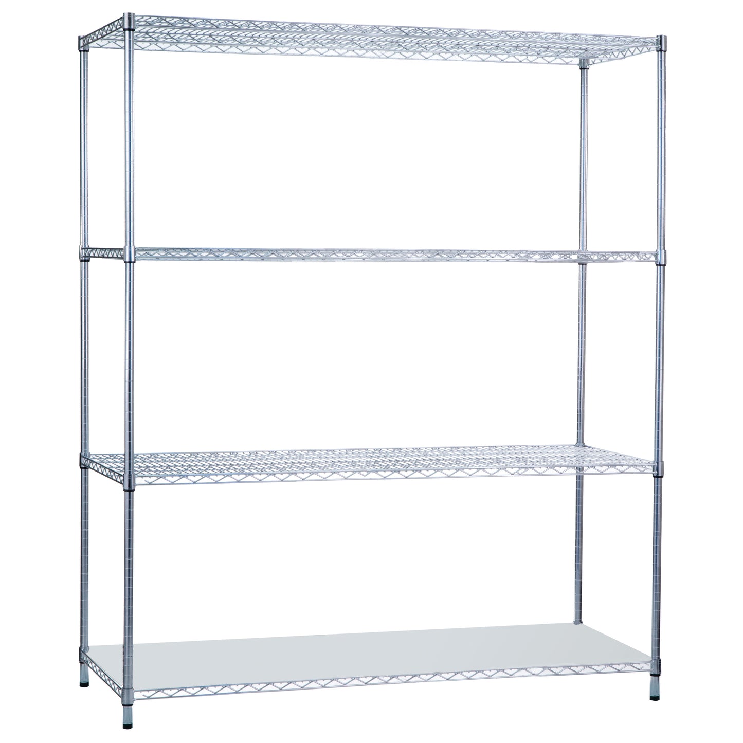 Metallic wire shelving unit with four tiers, labeled "Wire Shelving," shown on a white background.