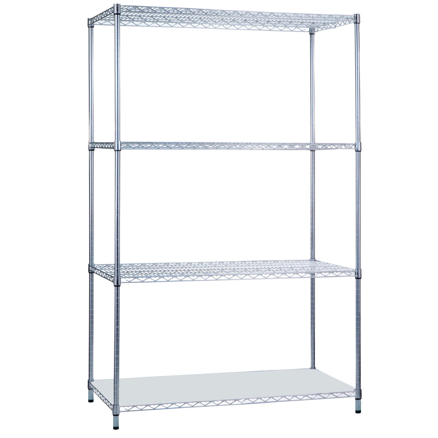 A four-tier metal Wire Shelving unit with an open, grid design stands empty against a white background.