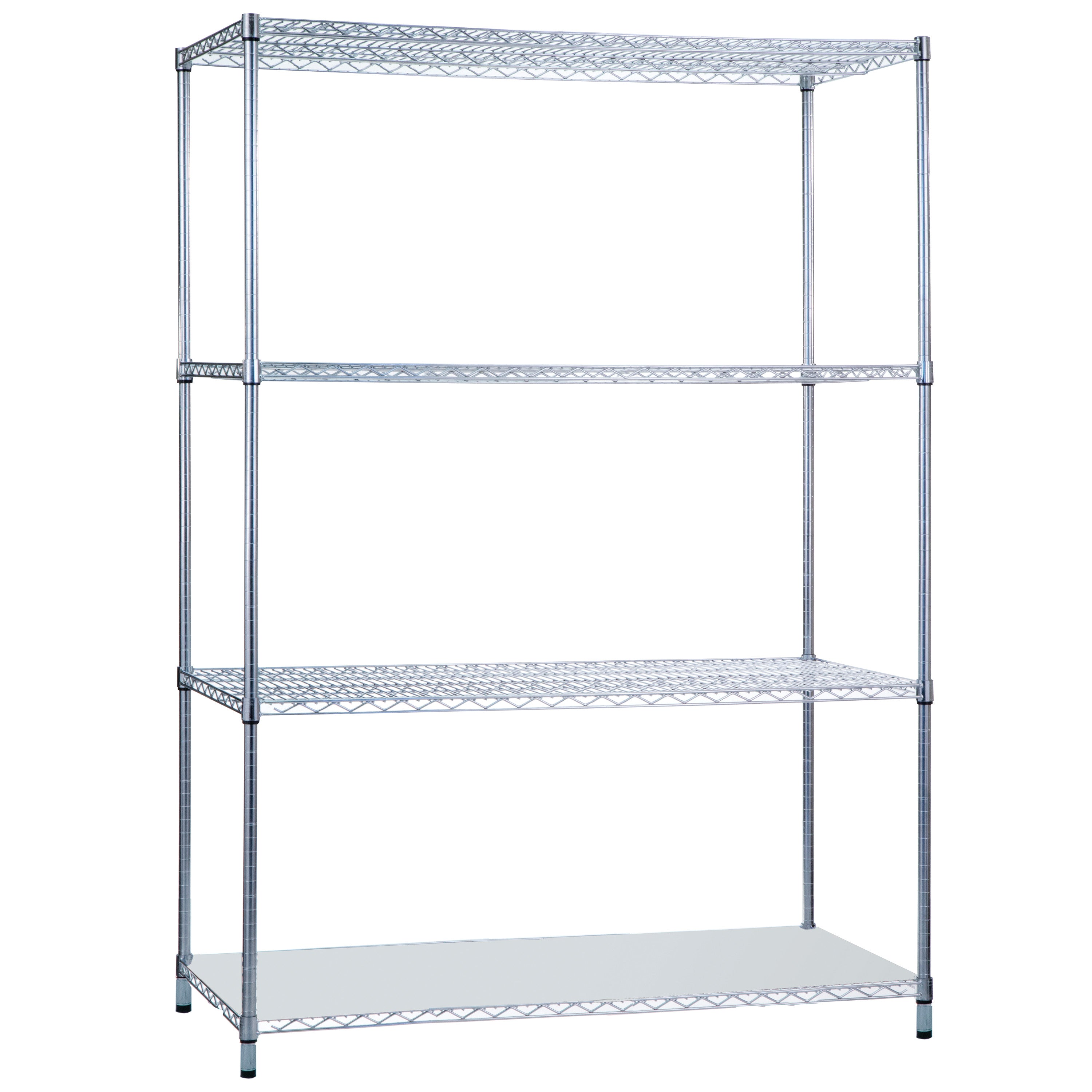 Metal wire shelving unit with four tiers, branded as Wire Shelving. It has a sturdy, open-frame design and is empty.