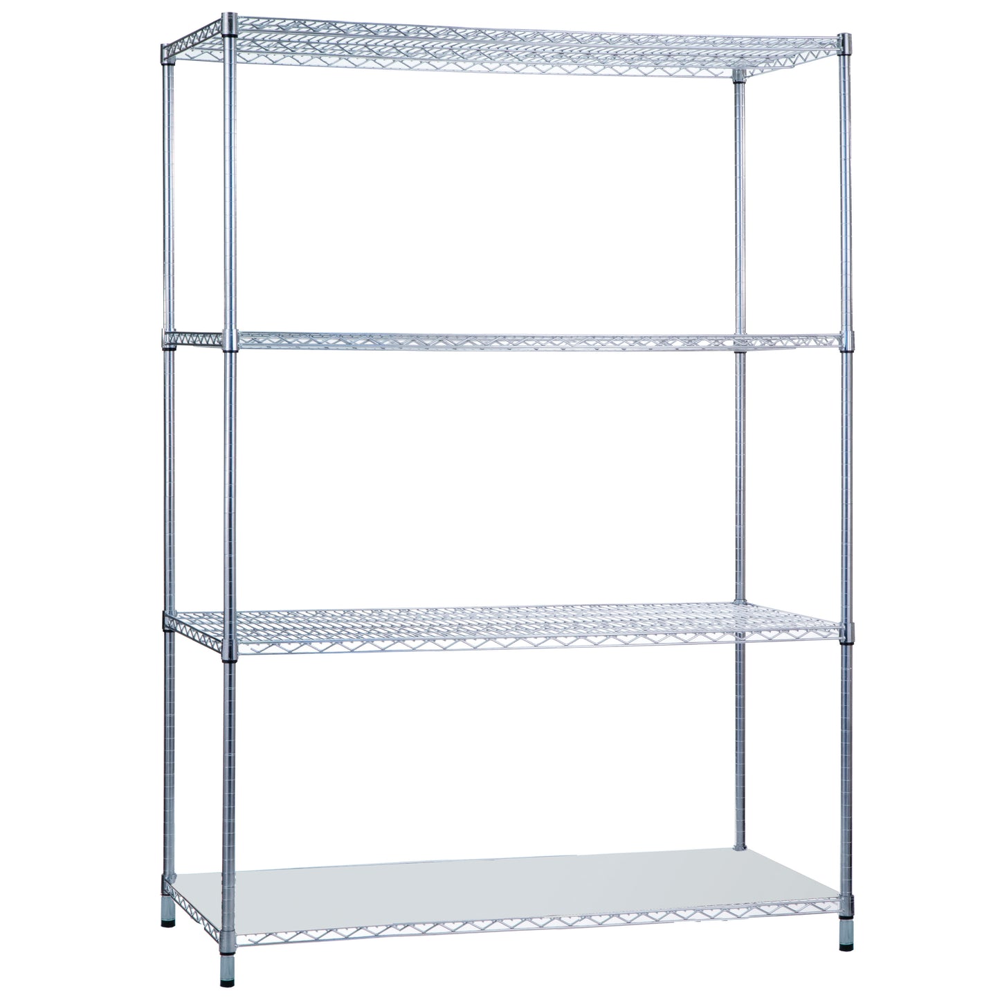 Metal wire shelving unit with four tiers, branded as Wire Shelving. It has a sturdy, open-frame design and is empty.