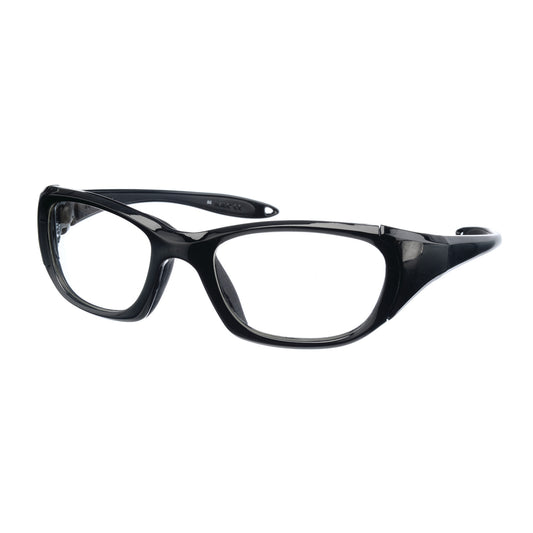 A pair of UltraSoft Radiation Protection Eyewear with black frames and clear lenses, shown on a white background.