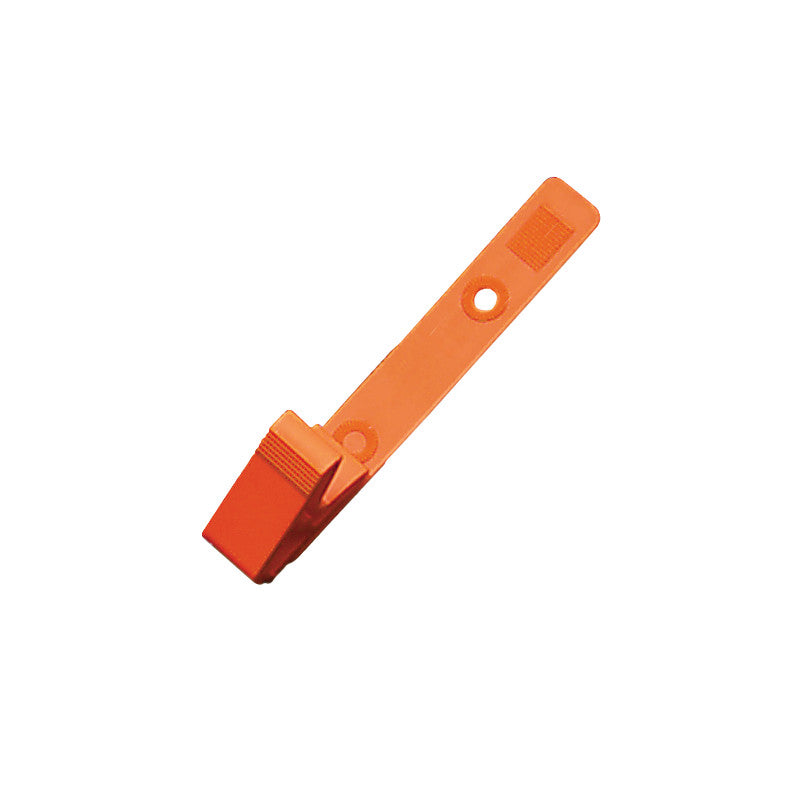 An orange MR-Safe Badge Clip with a flat central strip and a ridged clip at the end. It has holes for attachment.