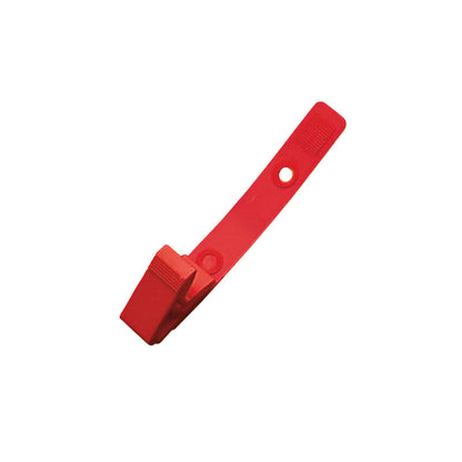 A red MR-Safe Badge Clip with a flexible strap and a hole for attachment is shown against a white background.