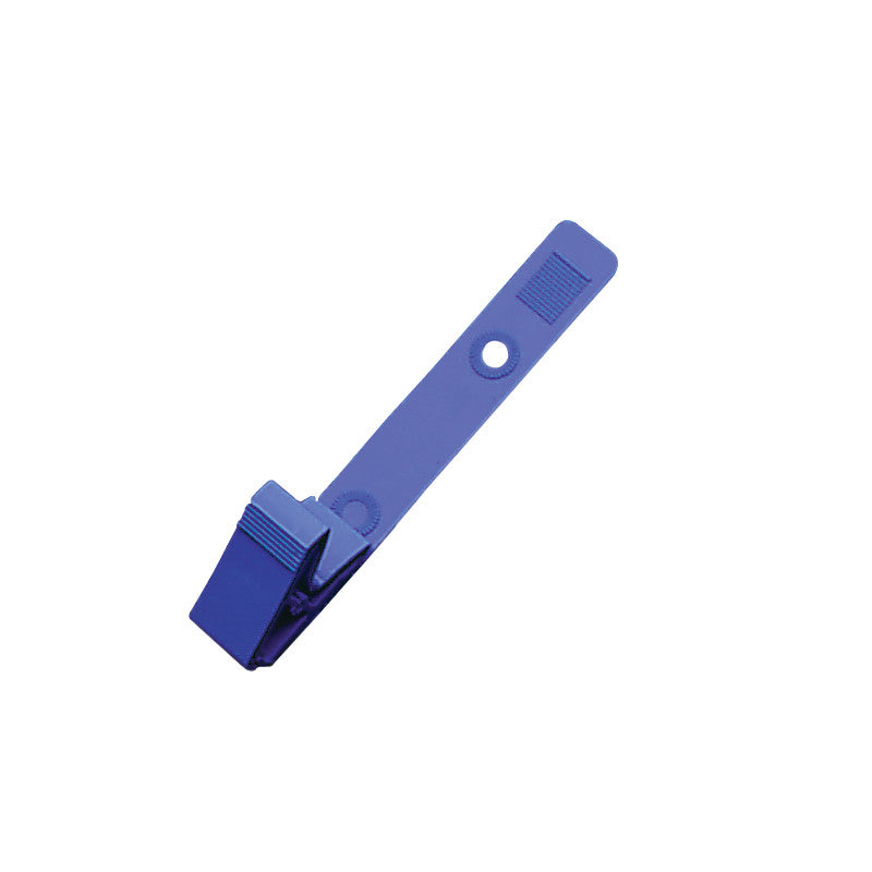 A blue MR-Safe Badge Clip with a rectangular base and adjustable strap, featuring a central hole for attachment.