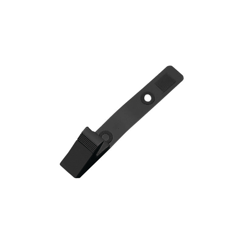 A black MR-Safe Badge Clip with a rectangular base, featuring two circular holes for attachment and a secure clamp mechanism.