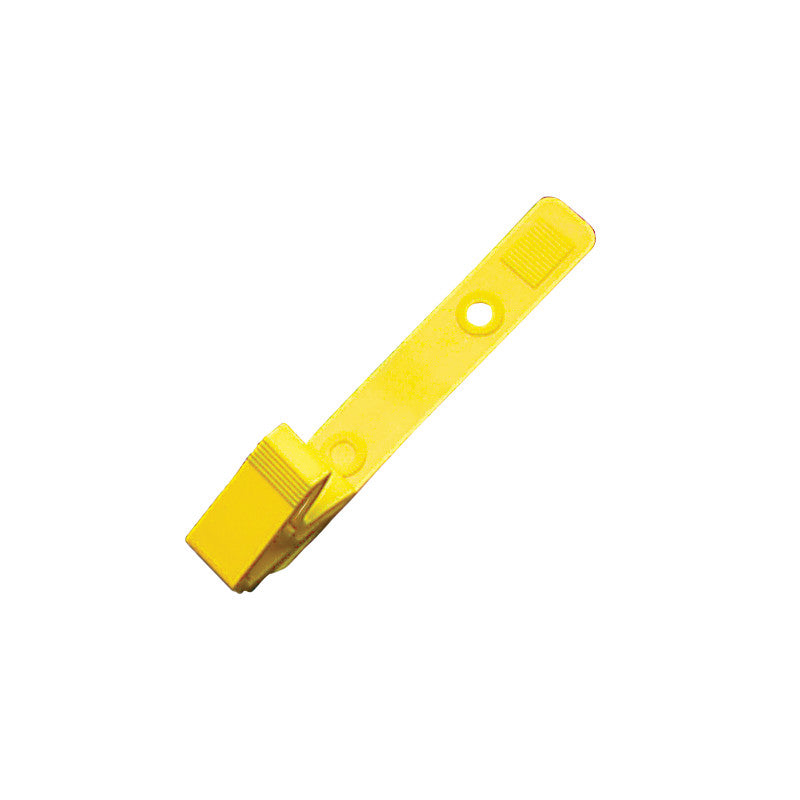 Yellow plastic MR-Safe Badge Clip with a rectangular clip end and a hole in the middle for attaching a badge.