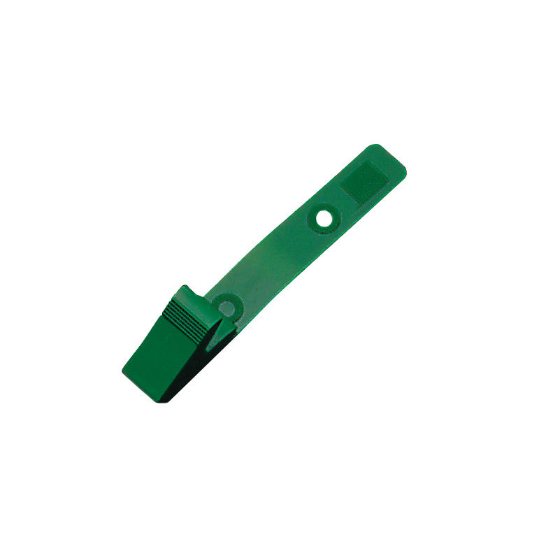 Green MR-Safe Badge Clip with a flat, rectangular shape and a slot for attaching a badge.